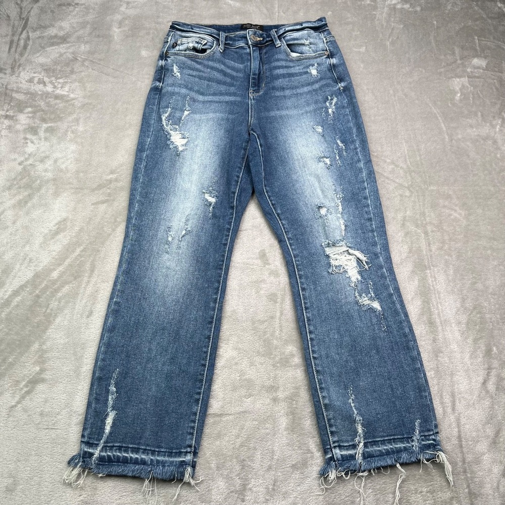 Judy Blue Jeans Womens 27 Blue Straight Leg Medium Wash Raw Hem Stretch Denim